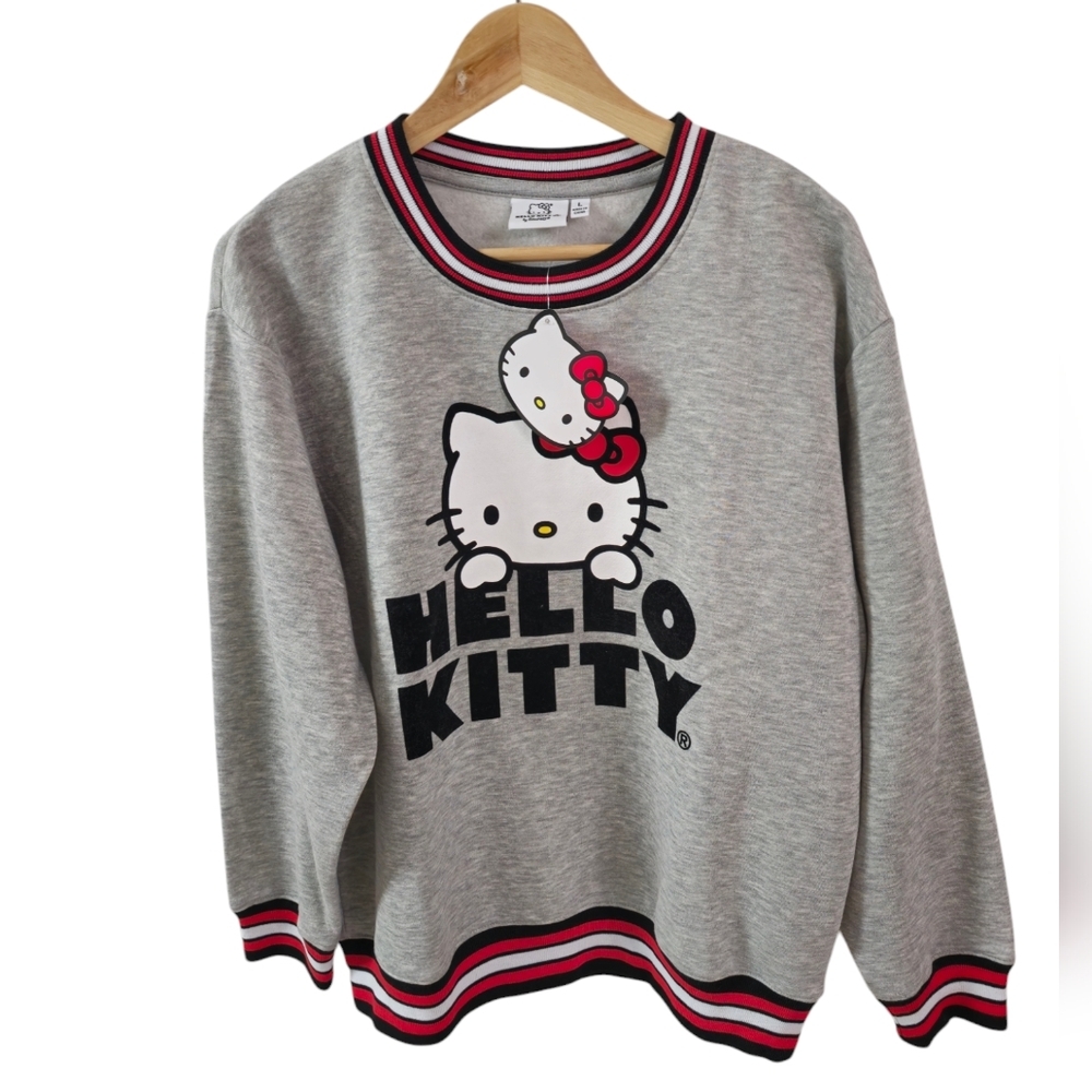NWT Hello Kitty Sanrio Graphic Long Sleeve Gray  Sweatshirt Stripes Size Large